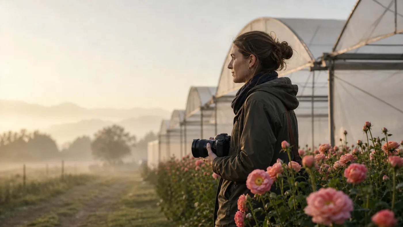 European photographer beside a Colombian flower greenhouse