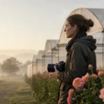 European photographer beside a Colombian flower greenhouse