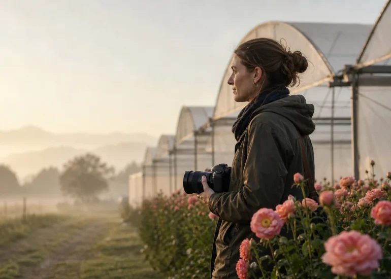 European photographer beside a Colombian flower greenhouse