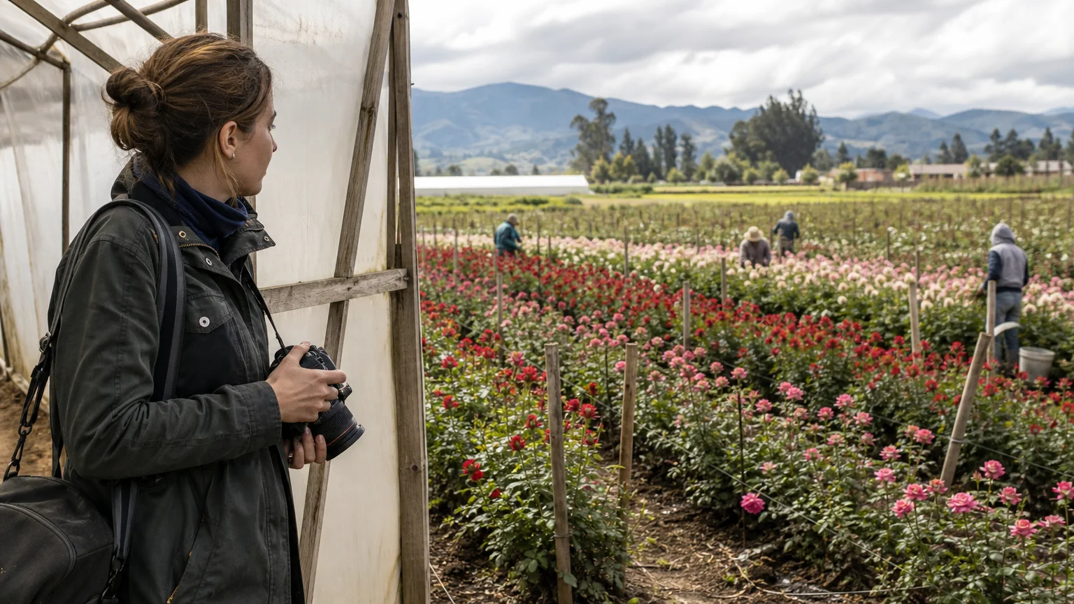 European photographer observing a Colombian flower farm for a documentary project