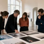 Profesionales creativos europeos conversando sobre colaboraciones fotográficas en una galería