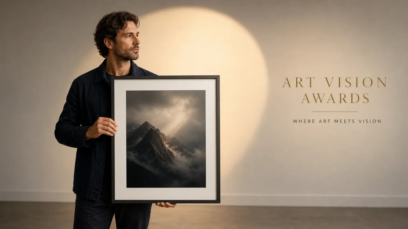 European photographer presenting a framed image in a gallery