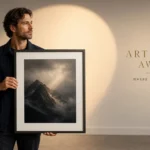 European photographer presenting a framed image in a gallery