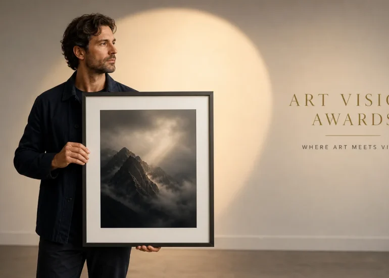 European photographer presenting a framed image in a gallery