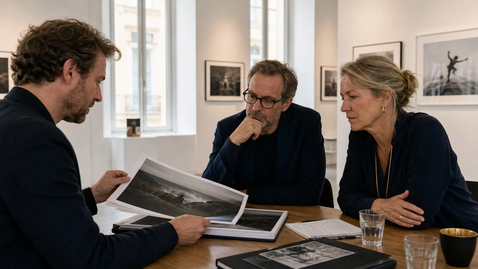 European photographer presenting a portfolio to photography judges in a gallery