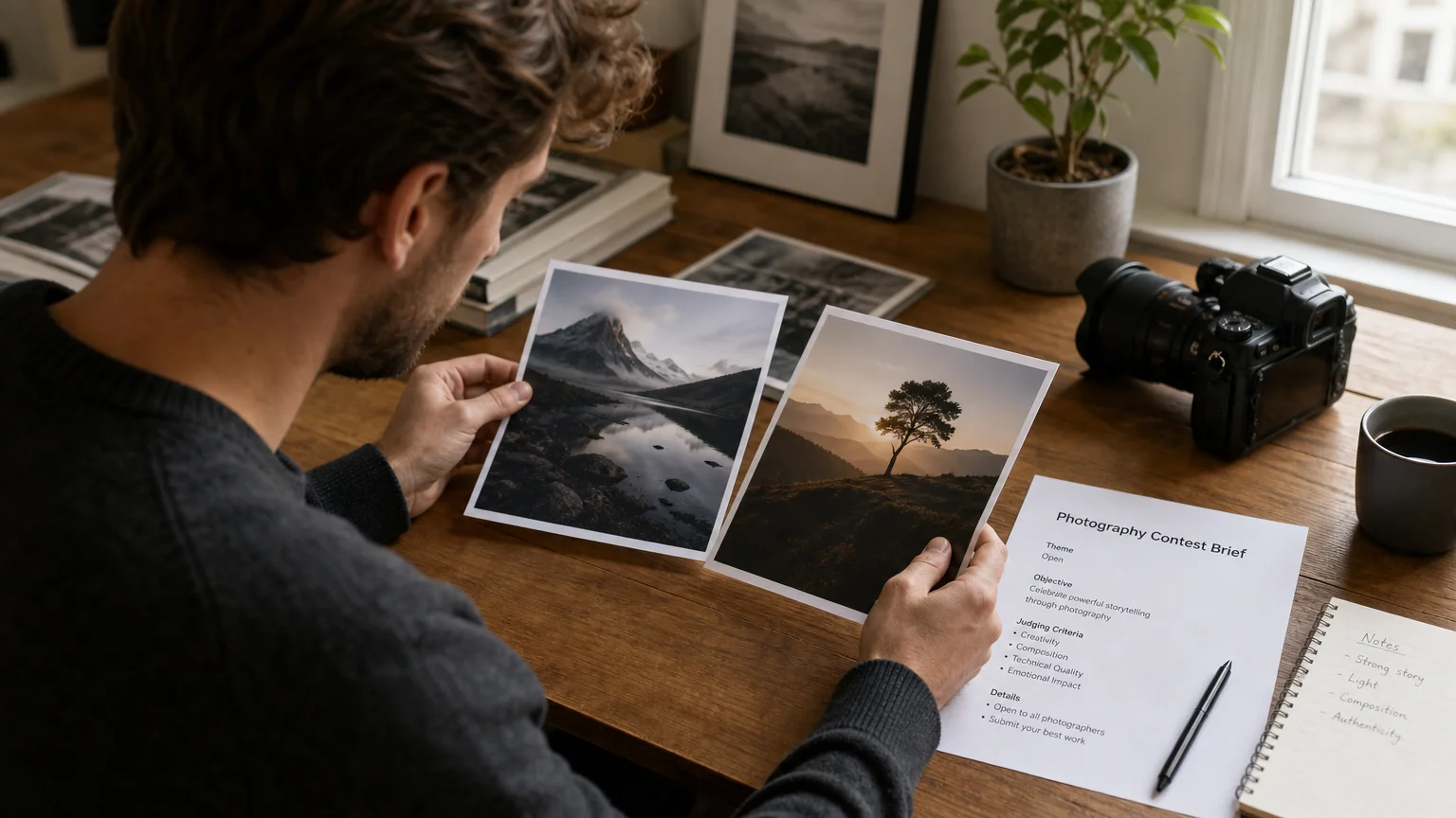 Photographe débutant comparant ses images avant de participer à un concours