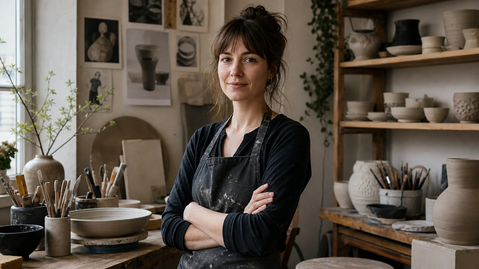 Environmental portrait of a European ceramic artist in her studio