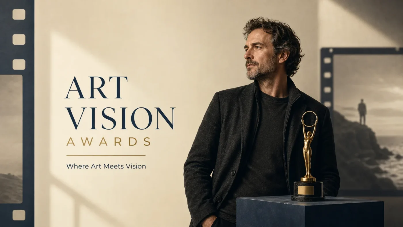 European documentary filmmaker with an award statuette and film frame