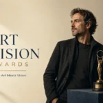 European documentary filmmaker with an award statuette and film frame