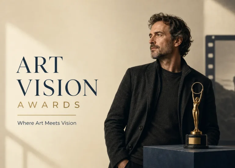 European documentary filmmaker with an award statuette and film frame