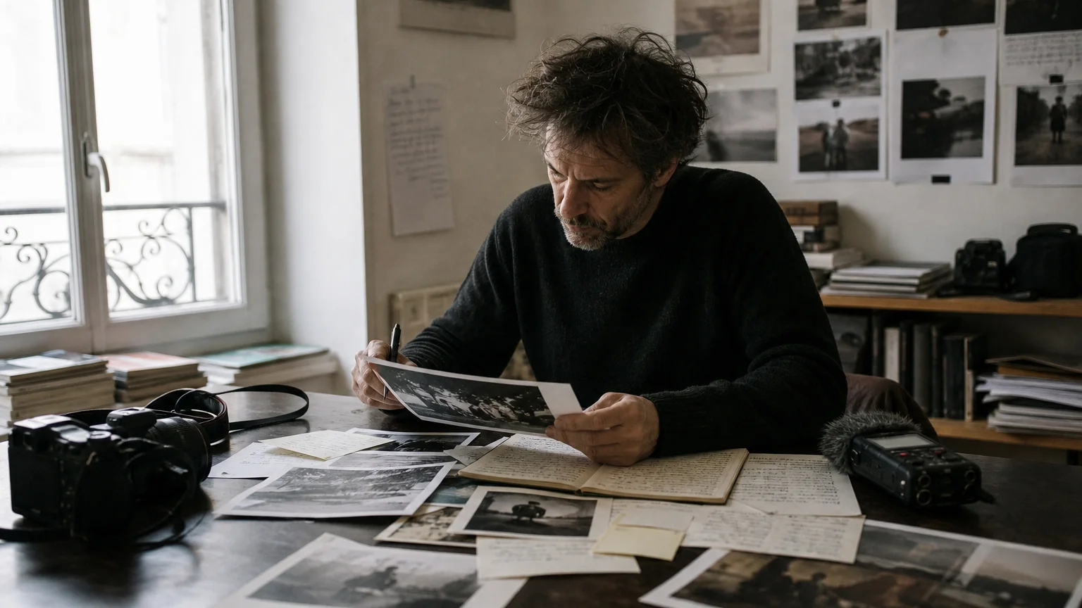 European documentary filmmaker reviewing film stills and judging notes