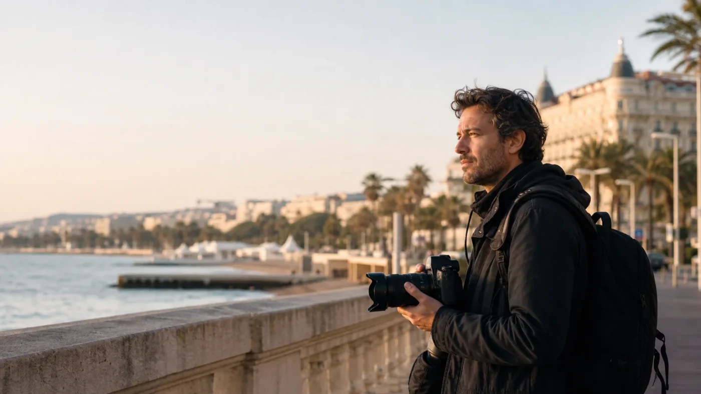 Fotógrafo europeo en la Croisette de Cannes durante la hora dorada