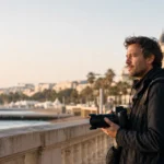 Photographe européen sur la Croisette à Cannes à l’heure dorée
