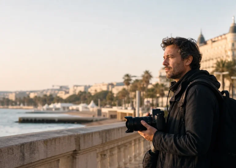 Fotógrafo europeo en la Croisette de Cannes durante la hora dorada