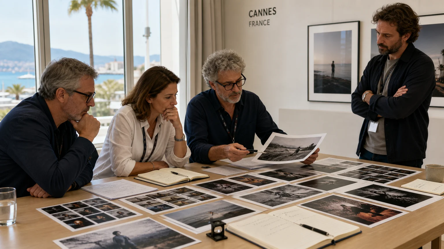 Jurado europeo evaluando obras fotográficas por su calidad, originalidad e impacto visual