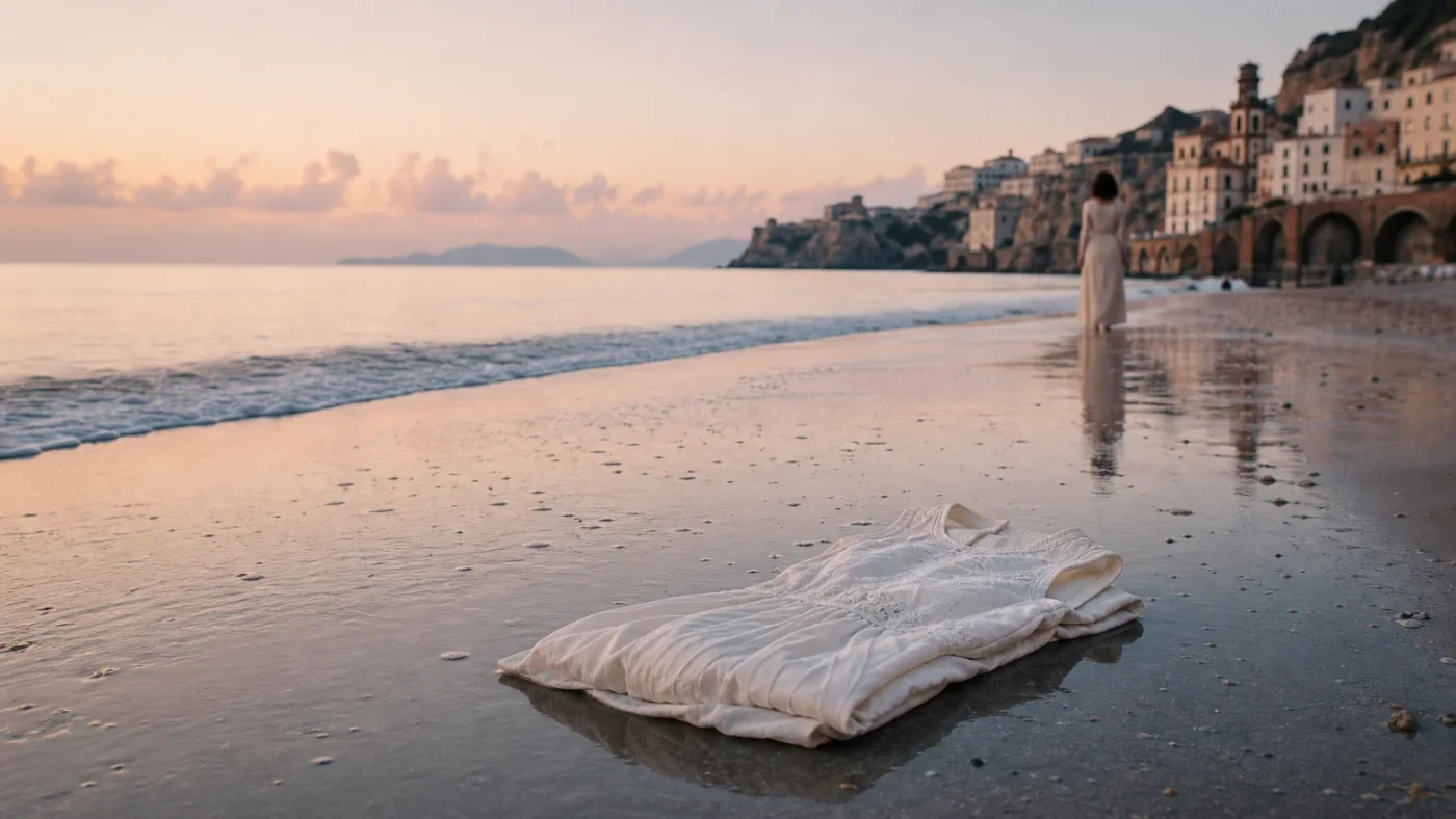Folded white dress on a quiet coastline with a distant figure
