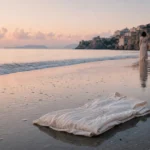 Folded white dress on a quiet coastline with a distant figure