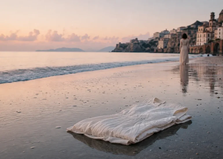 Folded white dress on a quiet coastline with a distant figure