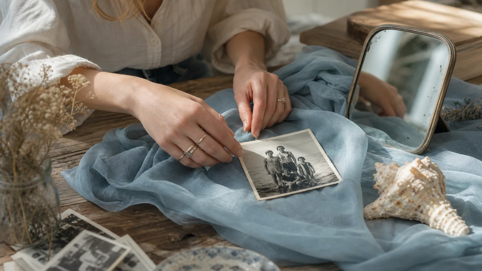 Hands arranging a staged fine art photography set with fabric, a shell, and an old photograph