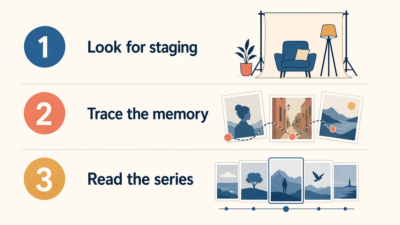 Three-part checklist for reading staged photography and visual narratives