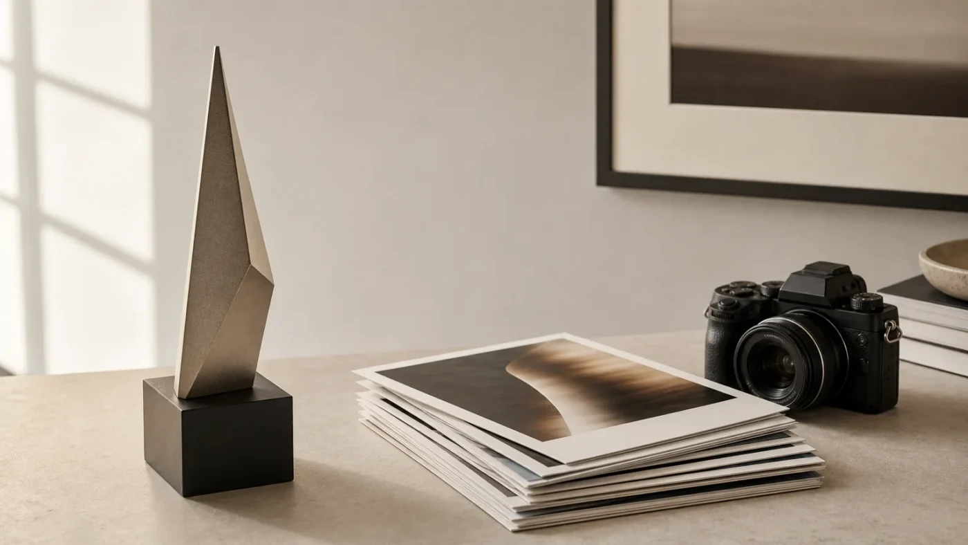 Photography award trophy with curated photographic prints