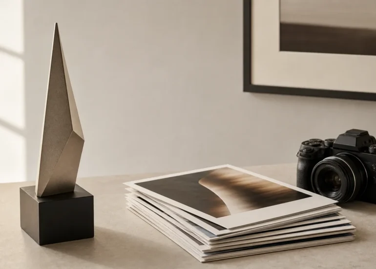 Photography award trophy with curated photographic prints
