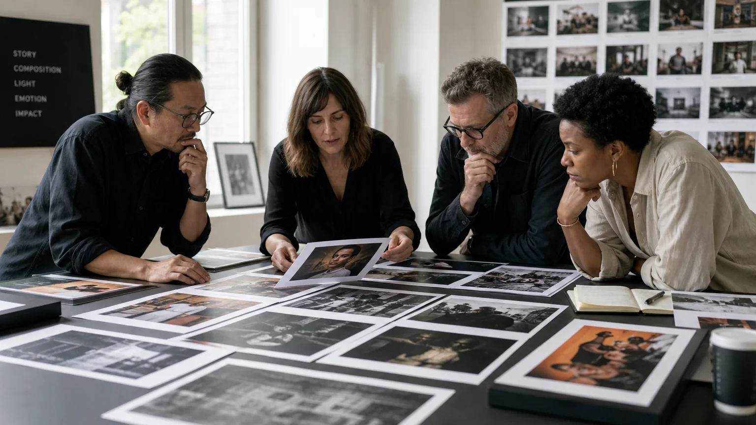International photography jury reviewing photographic prints