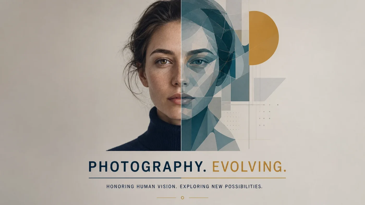 Editorial illustration contrasting a camera photograph with a synthetic AI portrait