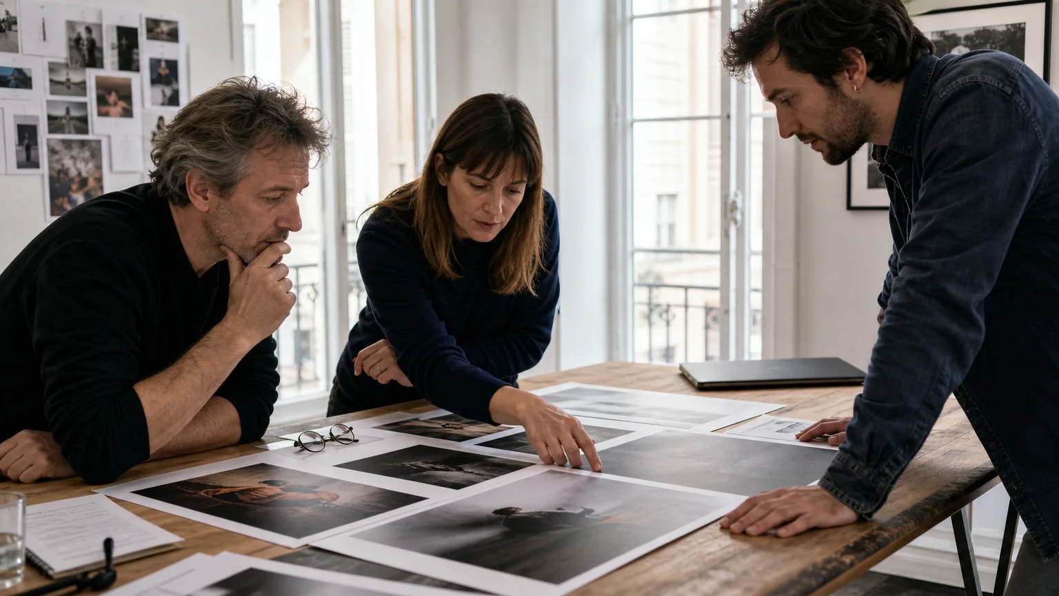 European photography judges reviewing printed images during a careful award evaluation