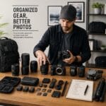 A photographer organizing mirrorless cameras, lenses and photography equipment on a wooden table