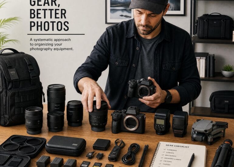 A photographer organizing mirrorless cameras, lenses and photography equipment on a wooden table